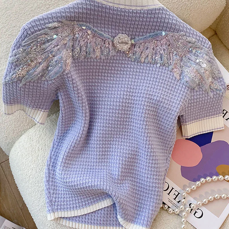 

Short Sleeve Bead Embroidery Angel Wings Shirts for Women Y2k Top Summer Korean Graphic Tee Mujer Camisetas Knitwear T Shirt