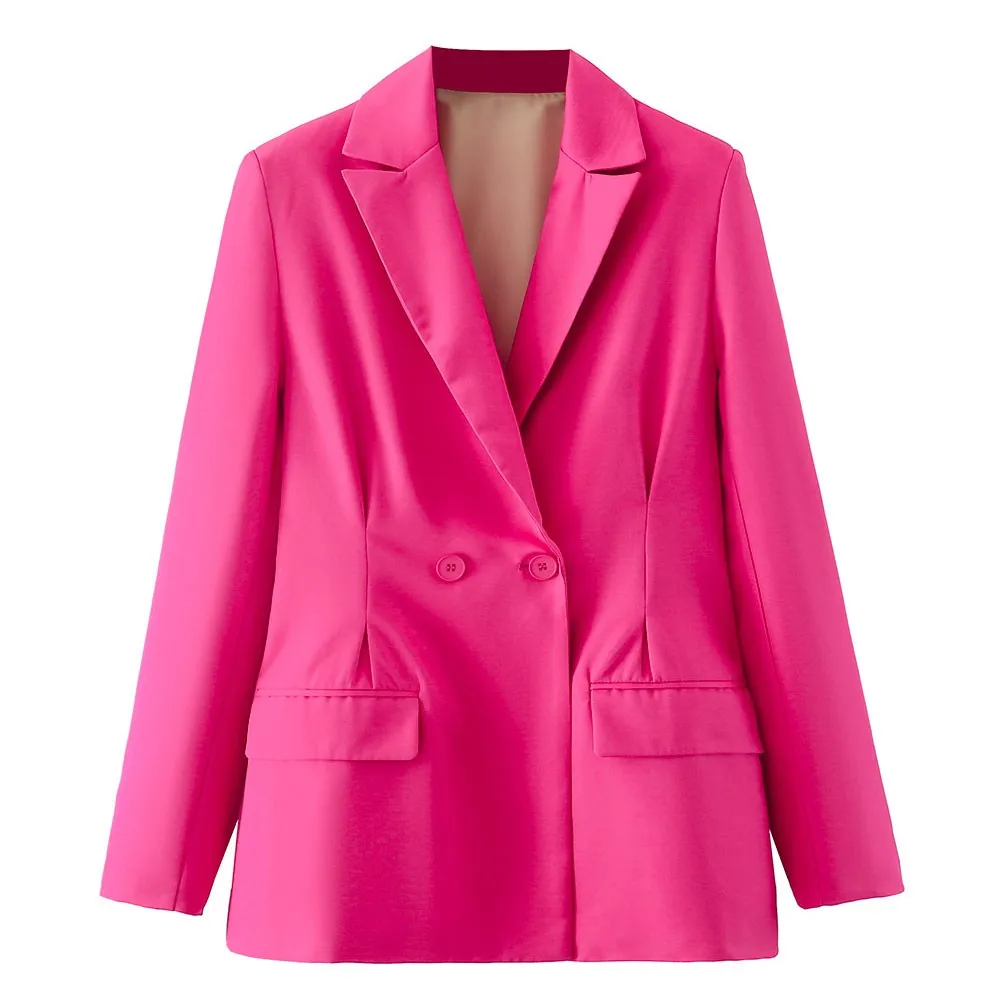 

Huaxiafan Women Fashion Double Breasted Fitted Blazer Coat Vintage Long Sleeve Flap Pockets Female Outerwear Chic Veste Femme