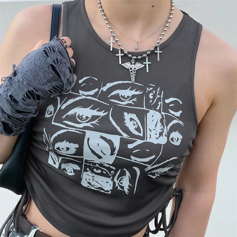 

Vintage Gray Print Y2k Crop Tank Tops Women 90s Harajuku Sleeveless Baby Tee T Shirts Going Out Top Mujer Aesthetic Streetwear