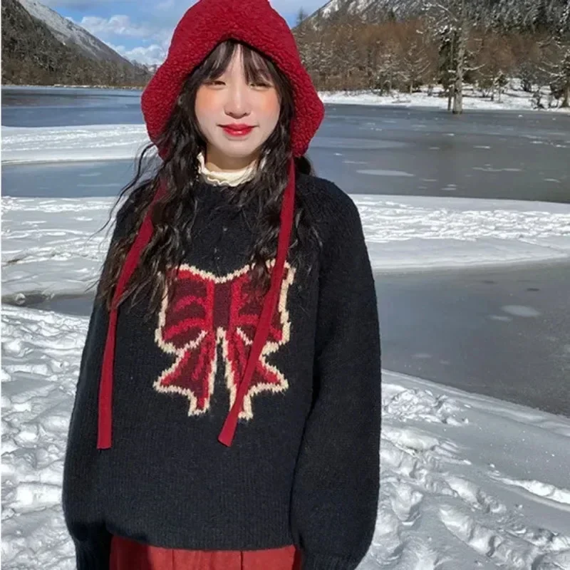 

Y2K Women Winter Japanese Ladies Black Bow Japanese Knit Sweater Aesthetics Long Sleeve Sweaters Oversize Pullover Tops Clothes