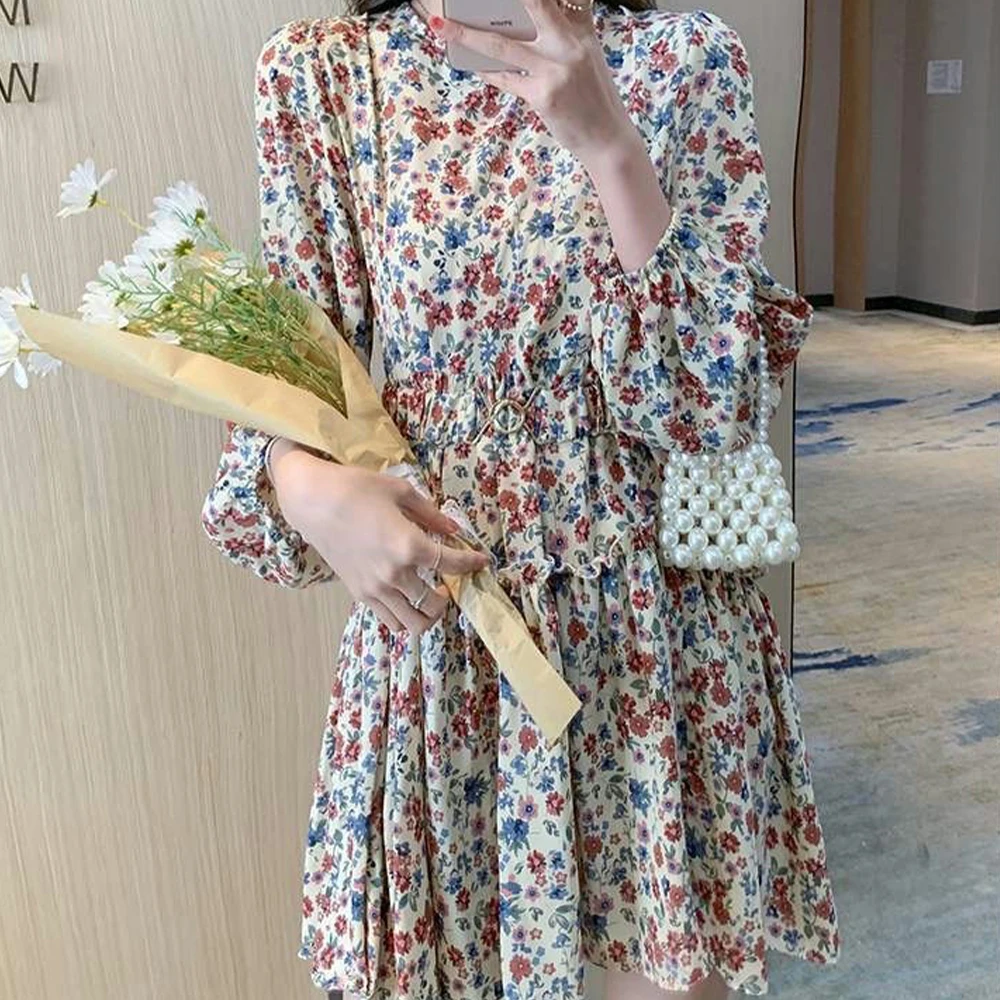 

Dress 2022 Spring Women's Printed Thin Section Was Thin Floral Long-sleeved Temperament Waist Loose Female Short Skirt Suit