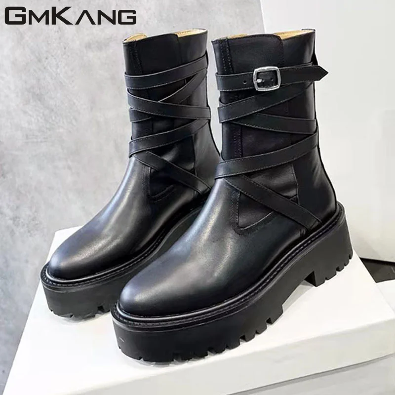 

Genuine Leather Motorcycle Boots Women Round Toe Thick Sole Chelsea Boots Flat Platform Shoes Women Casual Short Boots Woman