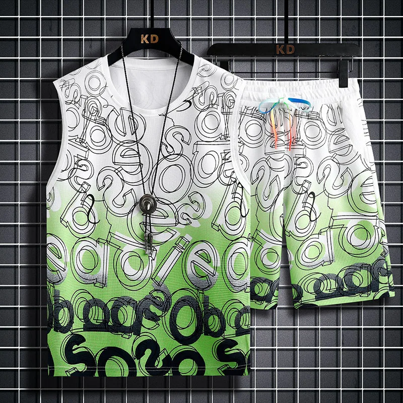 Waffle Sleeveless Suit T-shirt Men's Summer Basketball Vest Waistcoat Fitness Sports Student Shorts Summer Suit