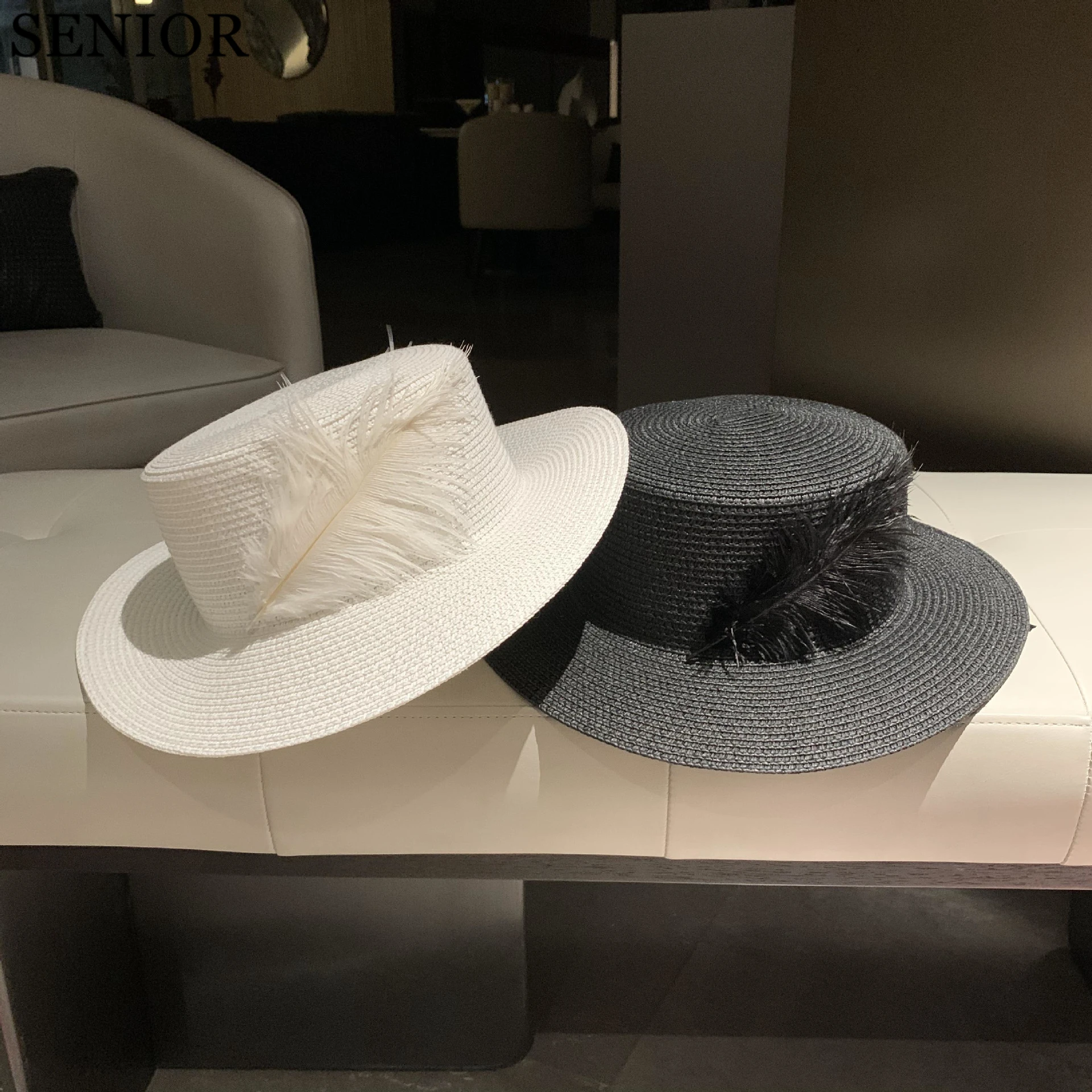 

Feather Panama Summer Women Straw Hat Handwoven Resort Beach Raffia Top Hat High Quality High Quality Fashion Women Sun Hat