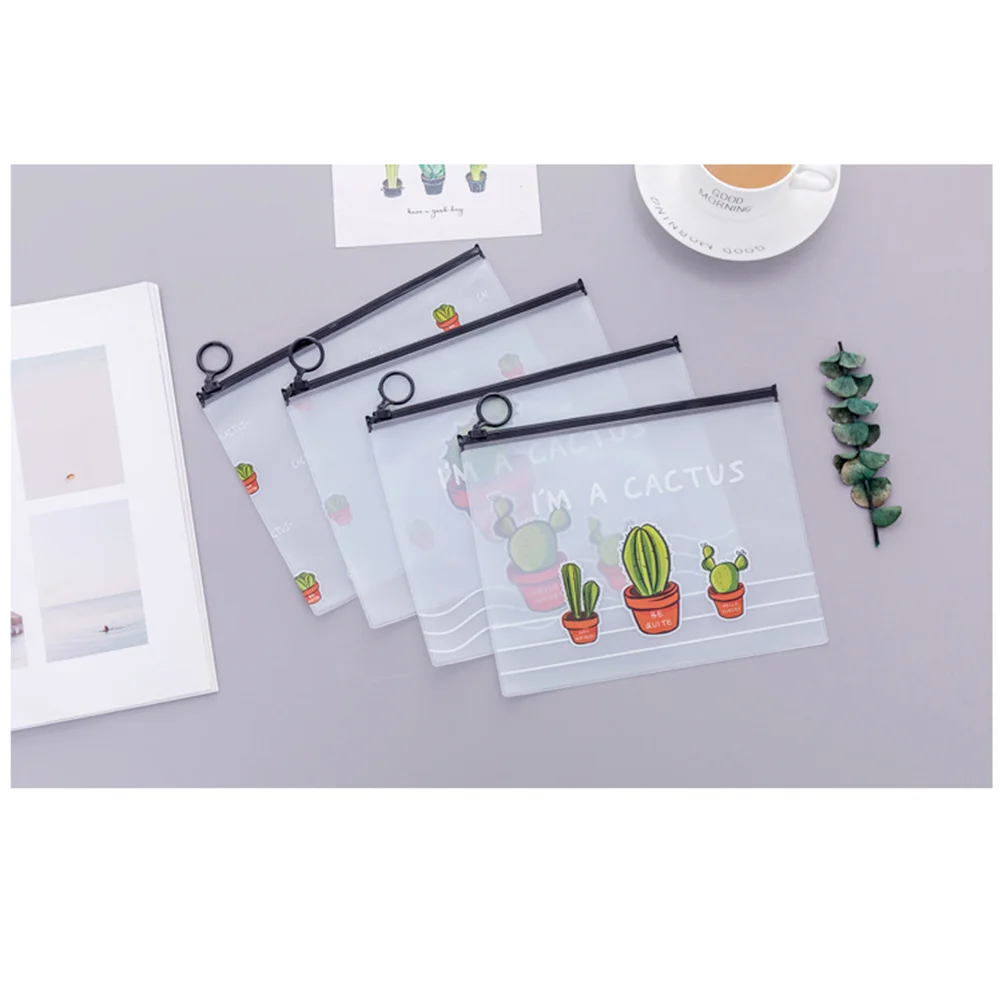 

Clear Zipper File Bags Cactus Pattern Printed File Pouch with Big Pull Ring for Pencil File Storage