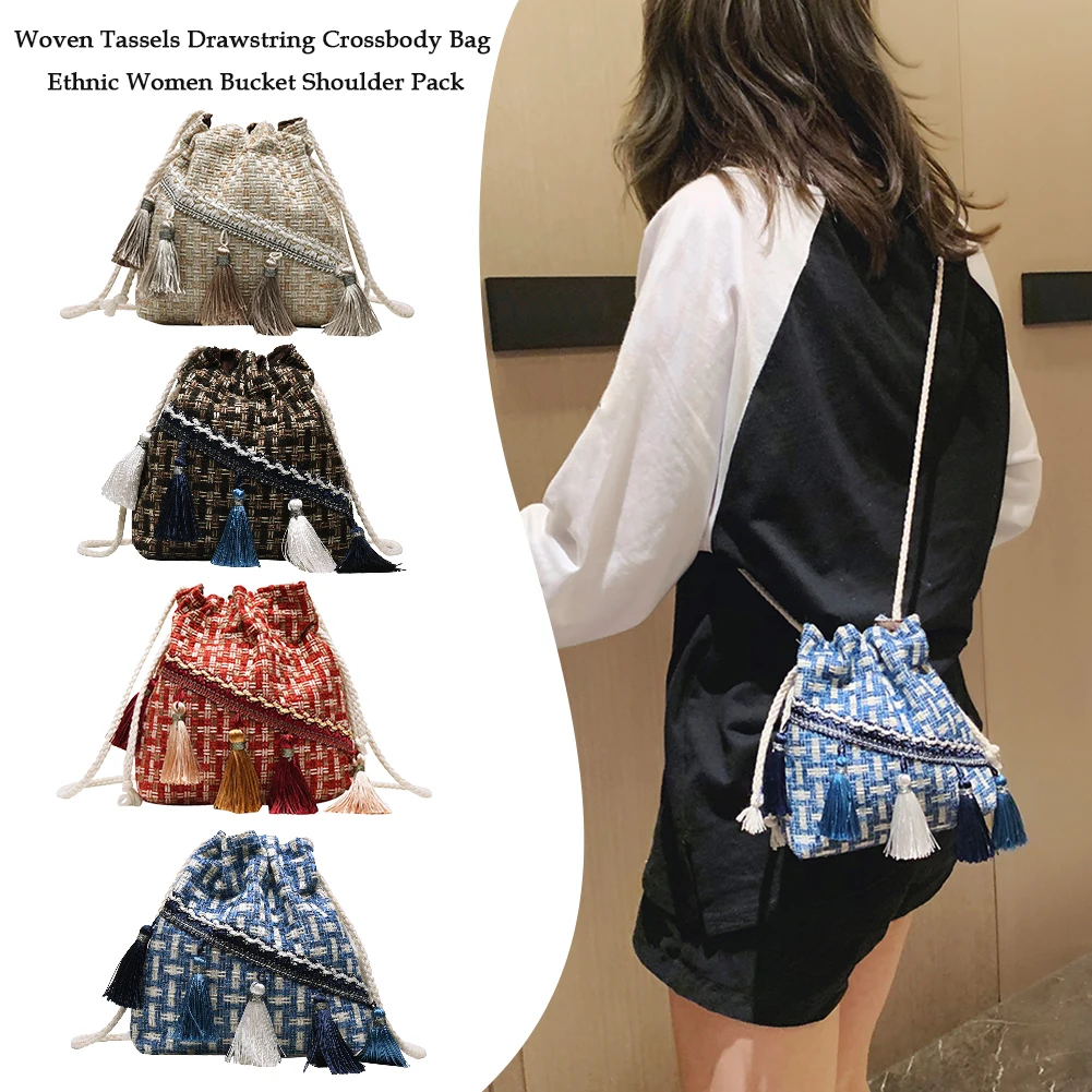 

New Fashion Handbags Delicate Texture Woven Tassels Drawstring Crossbody Bag Retro Ethnic Women Bucket Shoulder Bags
