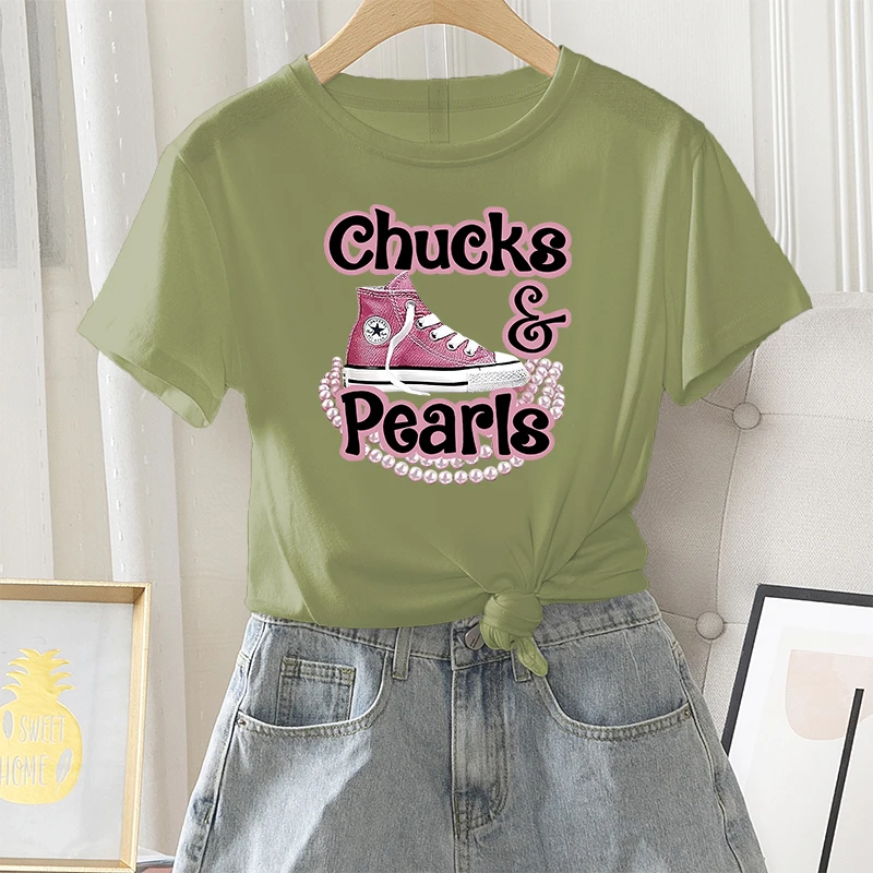 Summer Women T-shirts Graphic Fashion Female Regular Short Sleeve Sneaker Pearl Letter Print Ladies 100% Cotton O-Neck Tees Tops |