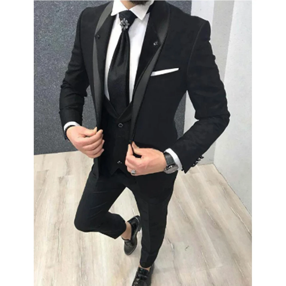 Black Slim fit Groom Tuxedo for Men 3 piece Man Suits with Shawl Lapel Custom Male Fashion Costume Jacket Vest Pants 2022