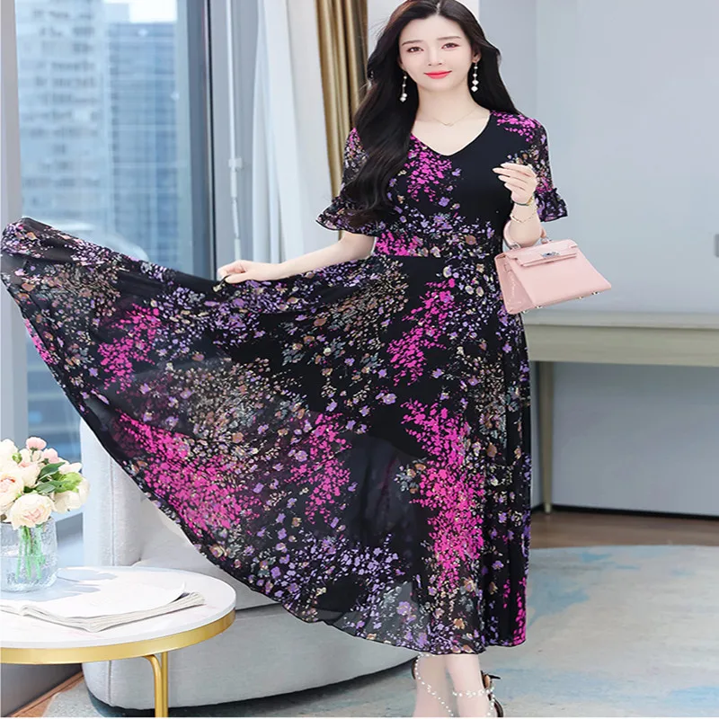 Женское шифоновое платье с коротким рукавом длинное в стиле бохо V-образным