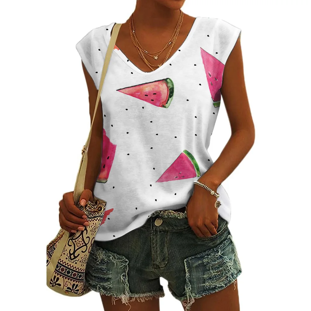 Женская футболка с V-образным вырезом принтом в виде арбуза