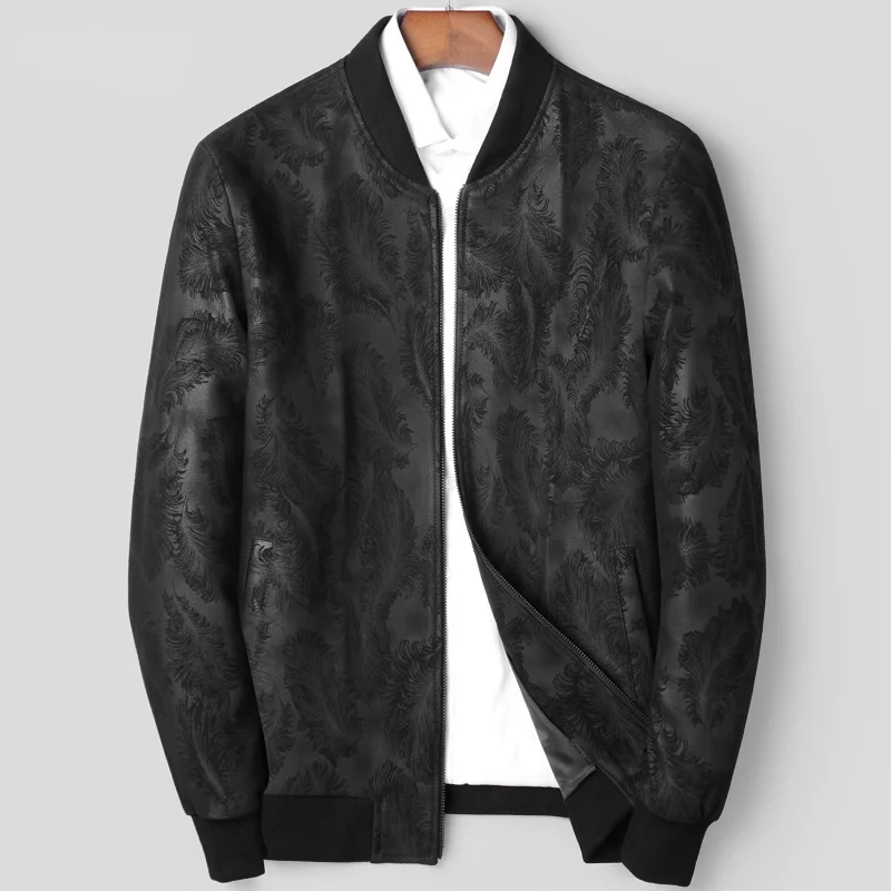 

Мужская осенняя куртка из натуральной овечьей кожи, повседневная короткая черная куртка с принтом