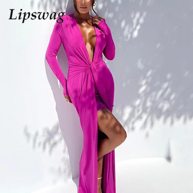 

Sexy Long-Sleeve Hollow-Out Party Dress Autumn Fashion Lace-Up Slim-Fitting Wrinkled Dress Women High Split Retro Solid Dresses