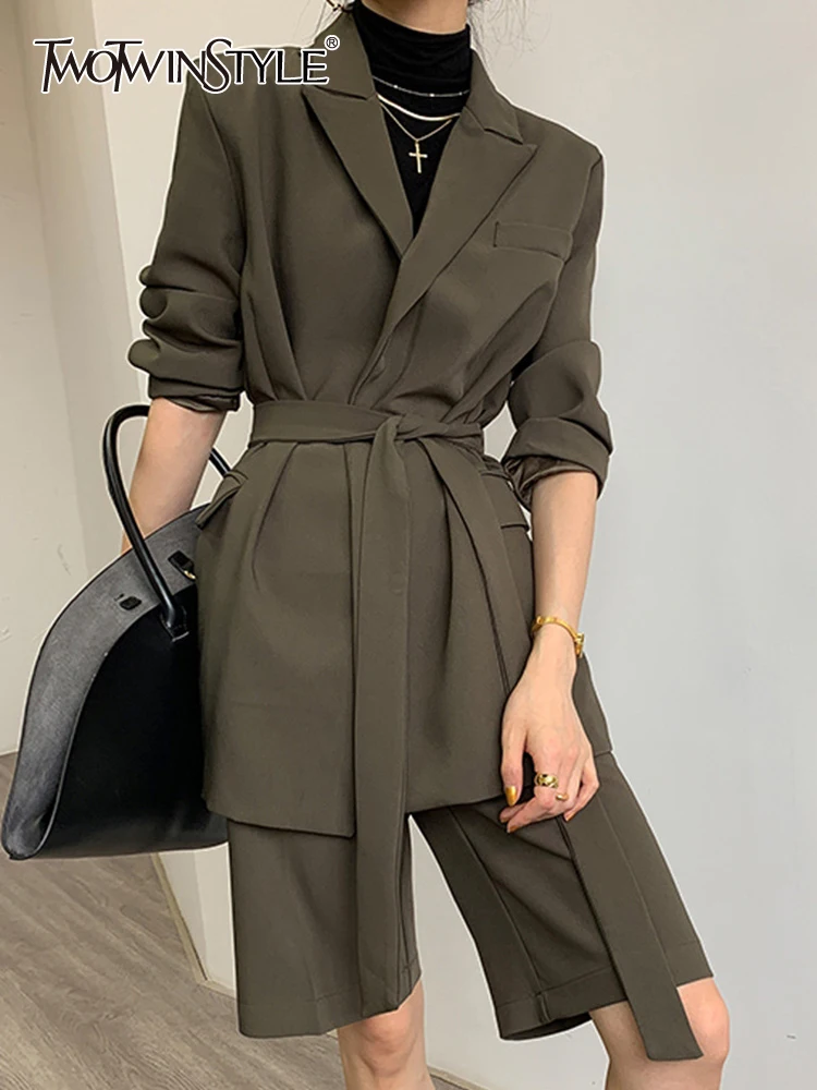 

Женский костюм из двух предметов TWOTWINSTYLE, однотонный повседневный костюм с длинными рукавами, отложным воротником и высокой талией
