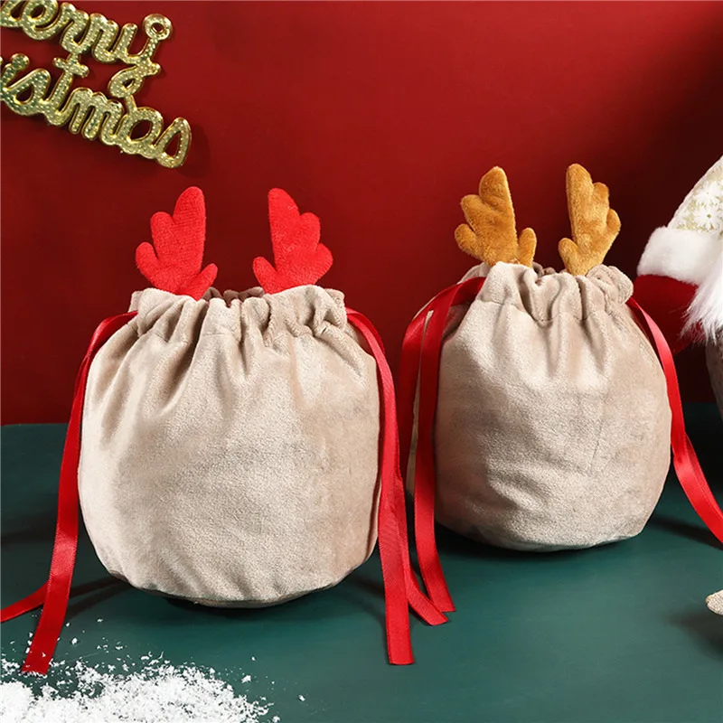 

5pcs Christmas Candy Bags Antlers Bags Velvet Draw String Bunny Gift Packing Bags Party Decoration 2023 Navidad New Year Gift