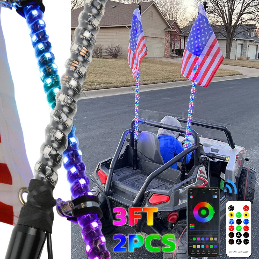 

3FT Led Whip Light Led Car Led Light RGB Waterproof Bendable Remote APP Music Control LED Flagpole Lamp for SUV ATV UTV RZR