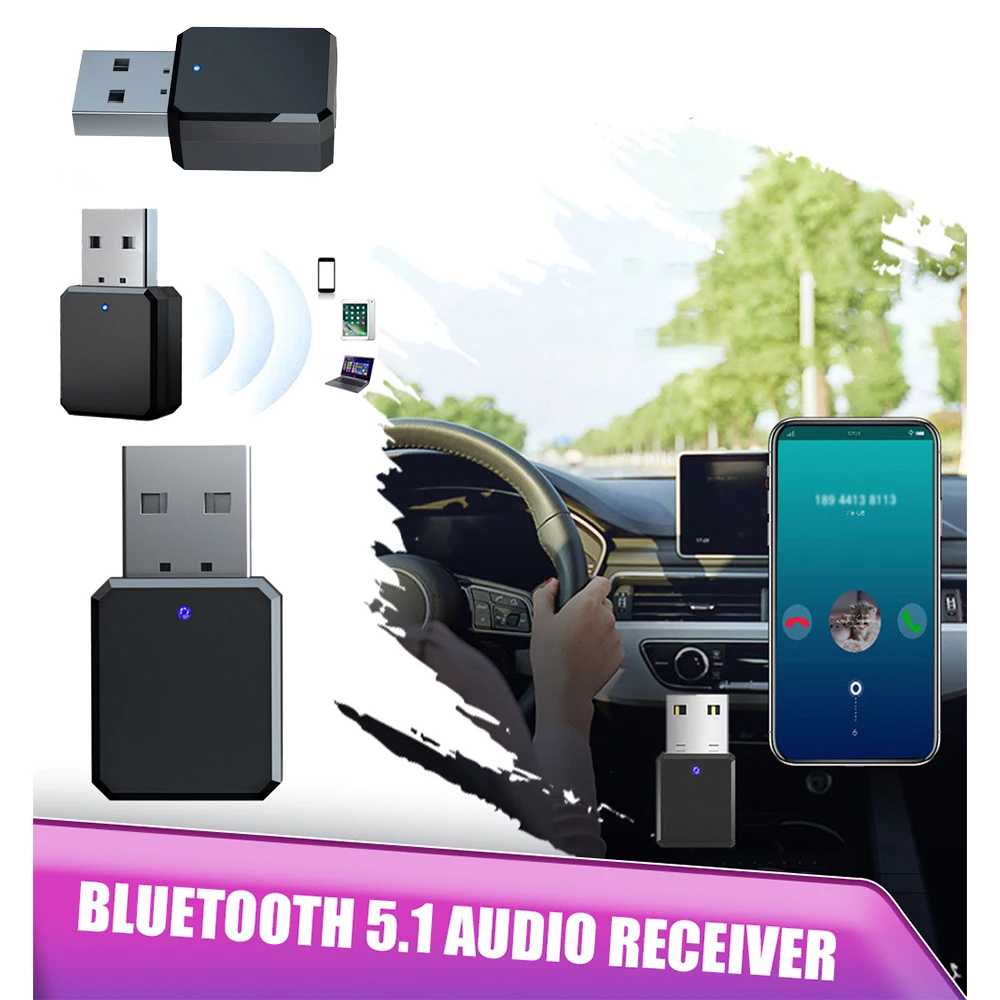 

USB Wireless 5.1 Audio Receiver Adapter Music Speakers Audio Receiver Hands-free Calling 3.5mm AUX Car Stereo Adapter