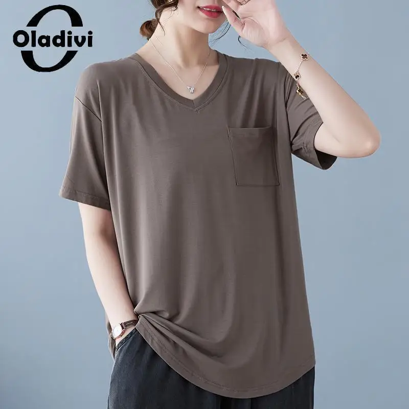 

Oladivi женские футболки большого размера 2023 летние новые повседневные свободные однотонные рубашки винтажные женские топы футболки туники 8015