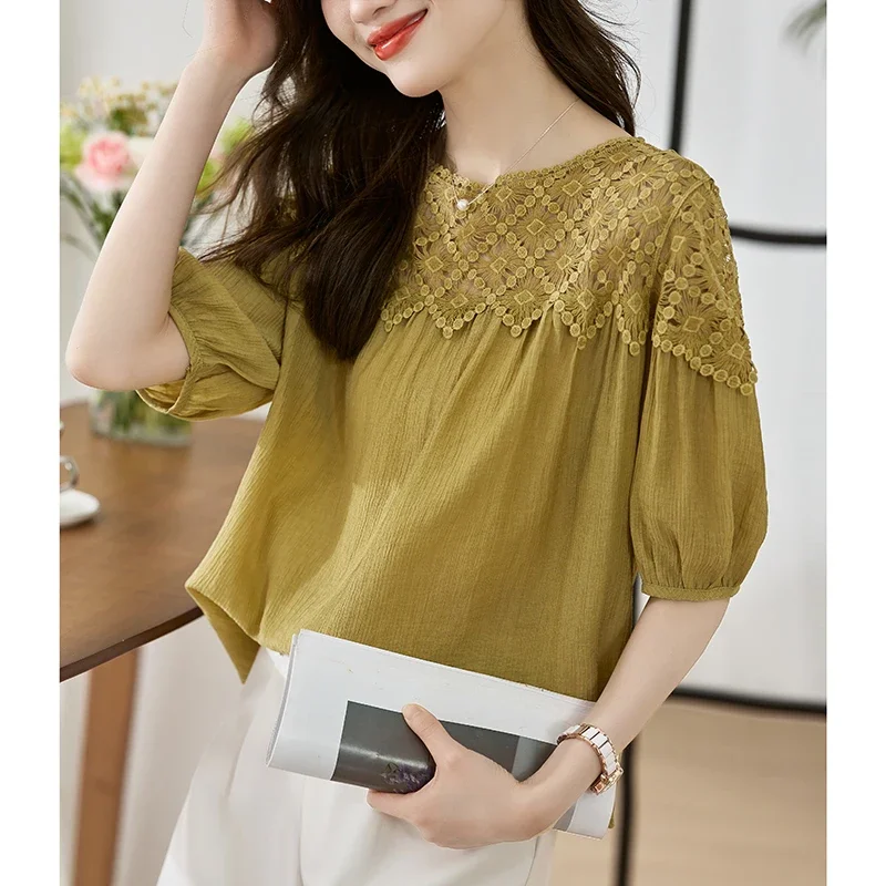 Элегантная рубашка с коротким рукавом и круглым вырезом летняя модная блузка