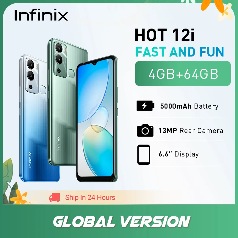 Смартфон глобальная версия Infinix Hot 12i, аккумулятор 5000 мАч, камера 13 МП, дисплей 6,6 дюйма, 4 Гб ОЗУ 64 Гб ПЗУ, сканер отпечатков пальцев