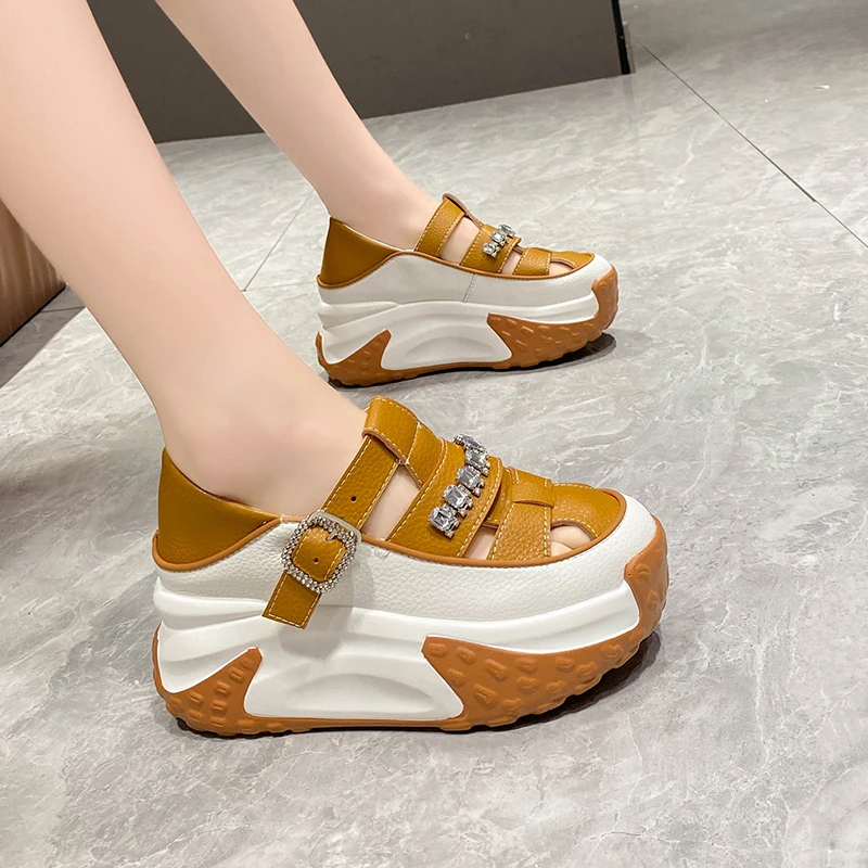 Women 7CM Leather Platform Sandals Wedge Hollow Female White Mules Shoes Casual Chunky Sneakers Woman Summer Rhinestone Slippers