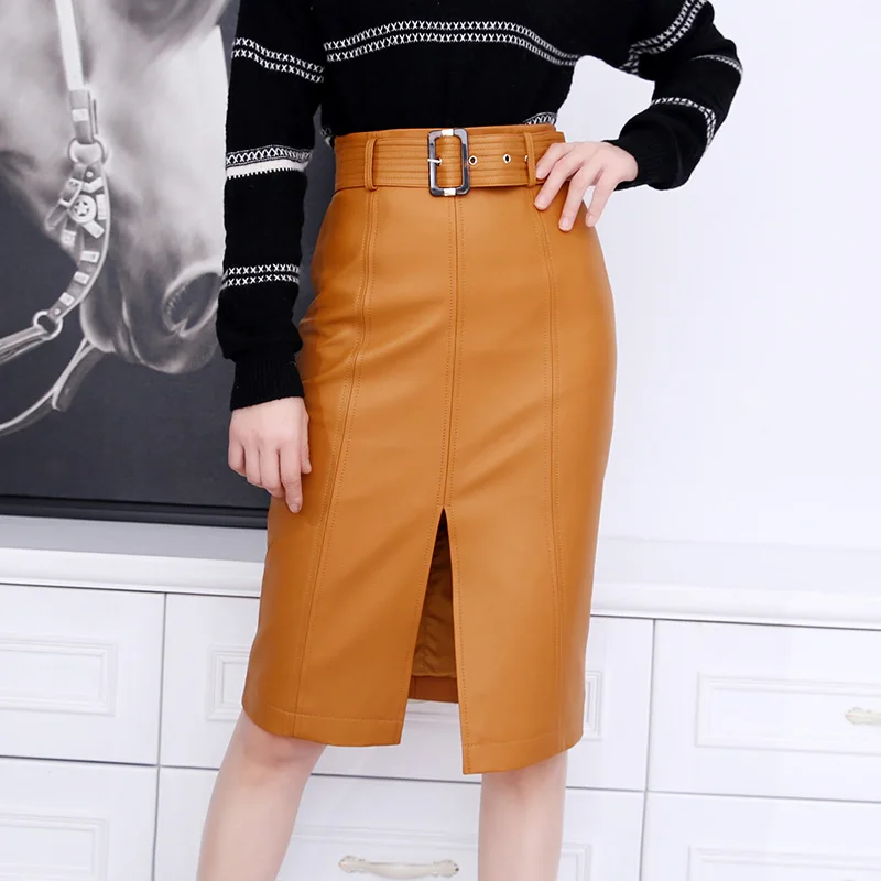 

Женская простая кожаная юбка 2022, Женская Модная стильная короткая юбка из овечьей кожи на весну и осень с поясом TF3933