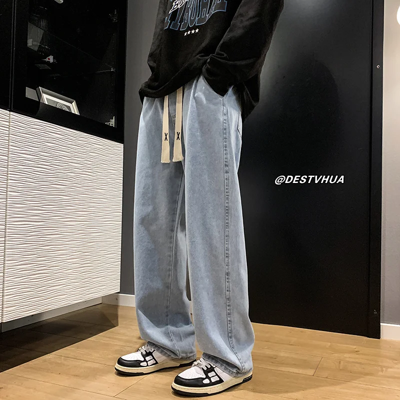 Drawstring Baggy Jeans Men Fashion 3-color Casual Straight Jeans Mens Streetwear Hip-hop Loose Denim Trousers Men Large Size