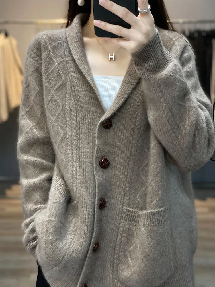 Autumn Winter High Quality Premium Knitted Cardigan Women's 100%Wool Cashmere Sweater V-neck Loose Large Size Coat Jacket Female