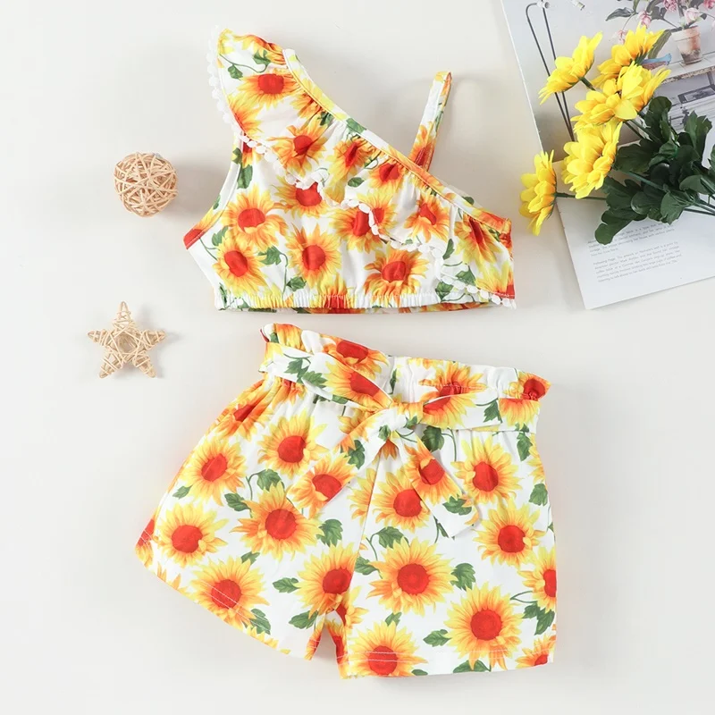 

New Fashion Clothes Girls Clothing Set Sunflower Print Ruffles Strap Tops+short Pants 2pcs Sets Toddler Girl Clothes Summer 1-6Y