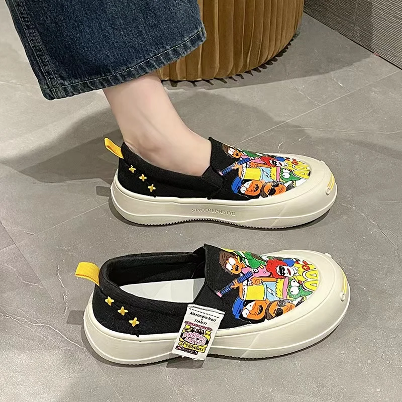 SENDNAKAI Women's Korean Edition Graffiti Canvas Shallow Mouth Single Shoes Round Toe Fish Mouth Sports Casual Shoes Breathable