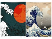 Japanese Tapestry Wall Hanging Art Decor Great Wave Kanagawa Original Red Sun Green Background For Living Room Bedroom