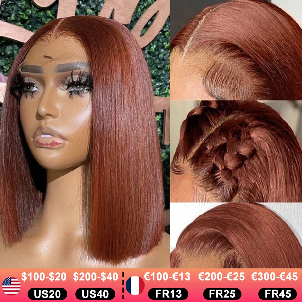 Bob Wig Peruvian Straight Lace Front Human Hair Wigs For Women Reddish Brown #33 Lace Part Wig With Baby Hair