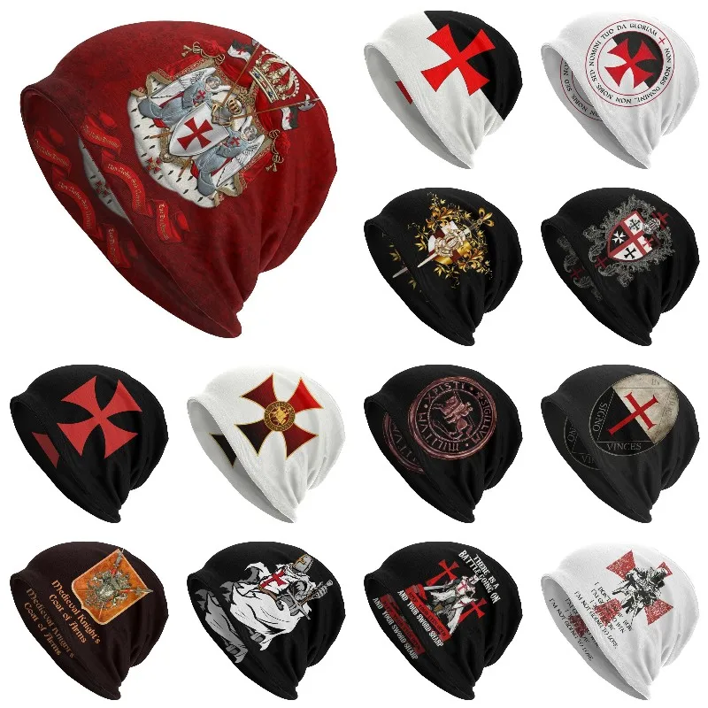 Knights Templar Flag With Coat Of Arms Skullies Beanies Caps Winter Warm Knit Hat Adult Medieval Warrior Cross Bonnet Hats 1