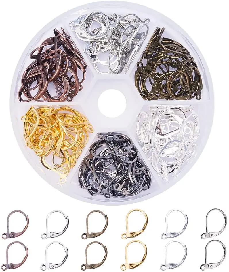 

NBEADS 120PCS 6 Colors Brass Lever Back Earring French Hook Ear Wire with Open Loop for Jewelry DIY Earring Making