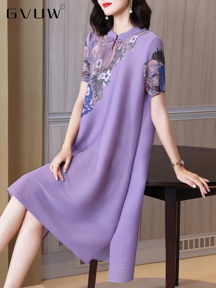 

GVUW Round Collar Vintage Print Pleated Dress Women A-line Short Sleeve Loose 2023 Summer Female Fashion Party Clothing 17D1302