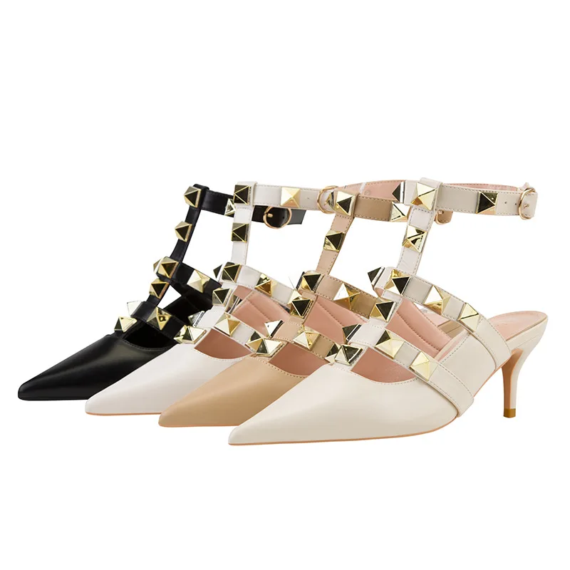 

European American Style Fashion Is Thin High-heeled Shallow Mouth Pointed Toe Roman Style Metal Rivet Hollow Sexy Single Shoes