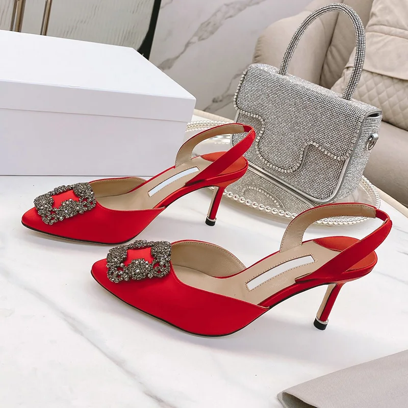 Summer New Women's Shoes Silk and Satin Muller High Heel Shoes Wrapped Head, Thin Heel, Square Button, Water Diamond Slippers