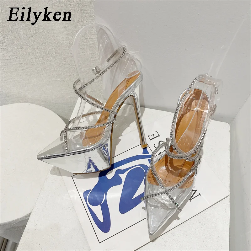 

New New Extreme High Heel Woman Sandals Sexy Platform Crystal PVC Transparent Pointed Toe Buckle Strap Party Prom Shoes