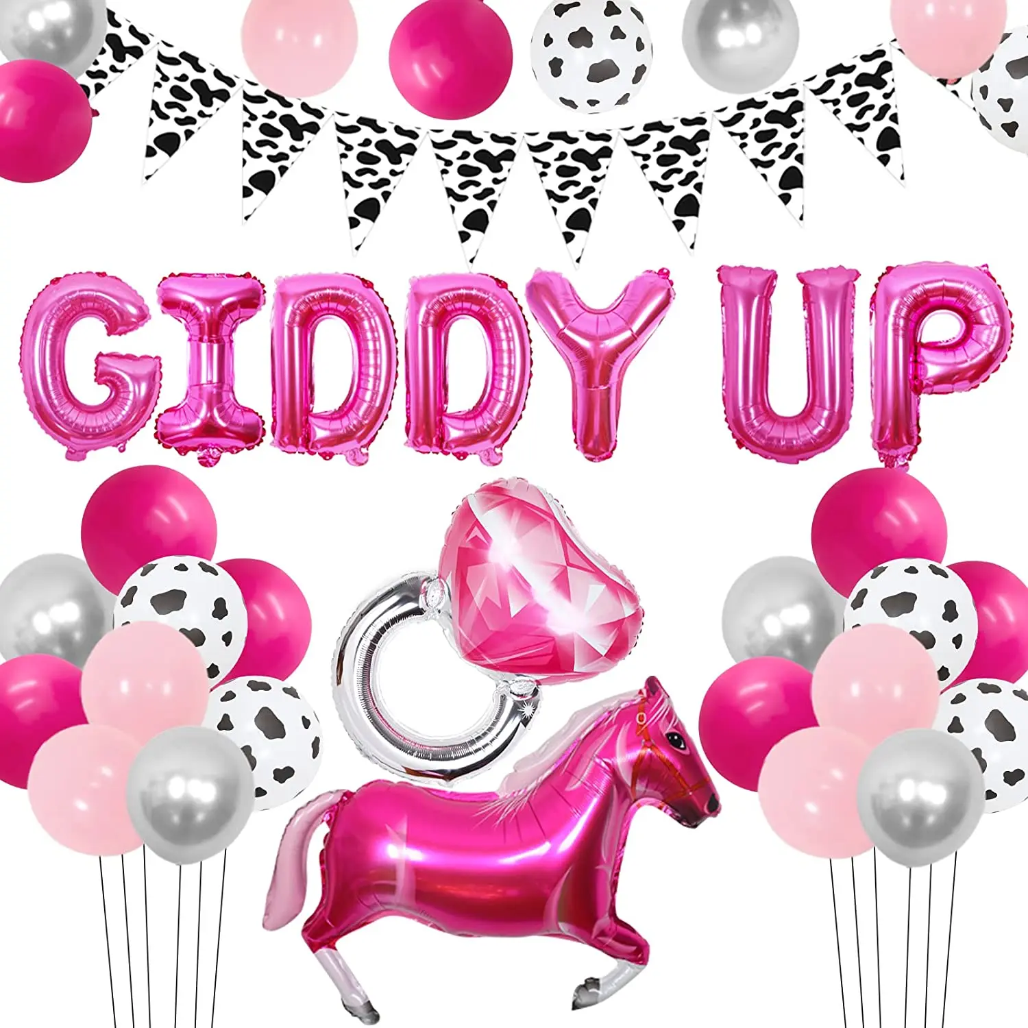 

Western Cowgirl Bachelorette Party Decorations, Giddy Up Hot Pink Pennant Horse Ring Balloon for Last Rodeo Birthday Party Decor