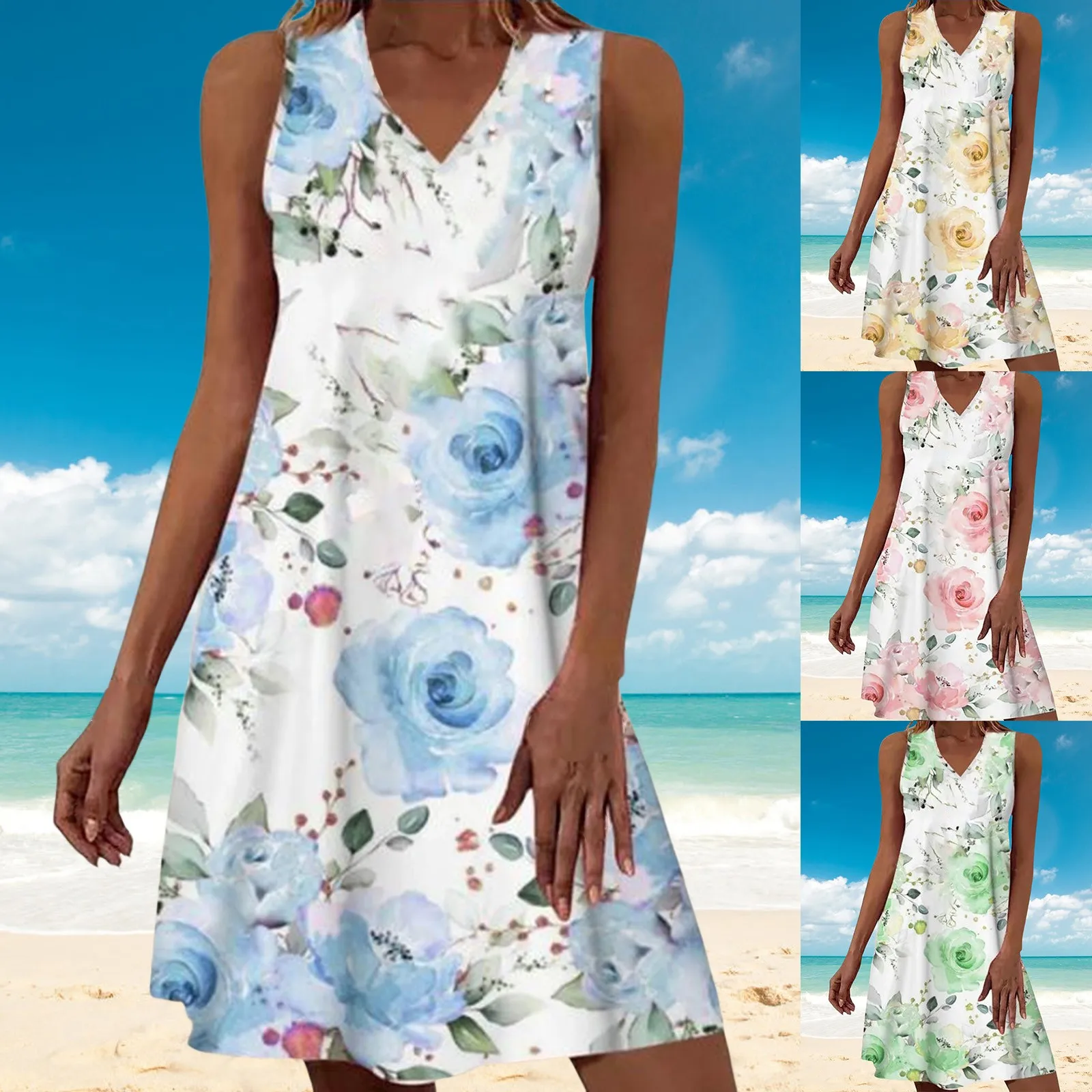 

Women's 2023 Summer Loose Pullover Fashion Print Sexy V-Neck Mid Length Sleeveless A-Line Dress Elegant Plus Size Dress