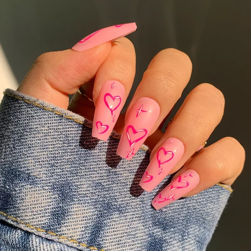 

24pcs Coffin False Nails Heart Pattern Full Cover French Ballerina Fake Nails Press On Nails Nail Supplies For Professionals