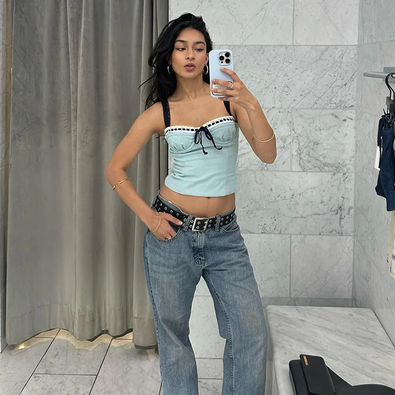 

MARCELO 2023 Summer Short Shirt Sexy Slim-fit Hot Girl Wearing Strap Vest with Back Off Crop Top Women Mono Mujer Verano