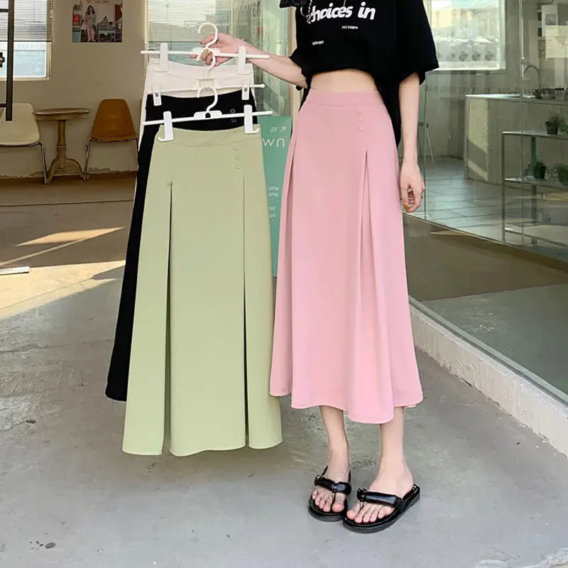 

Elegant Long Skirt 2022 Summer Spring Korean Solid Color Pleated Skirt for Women High Waist Elastic A-line Skirt Women Clothing
