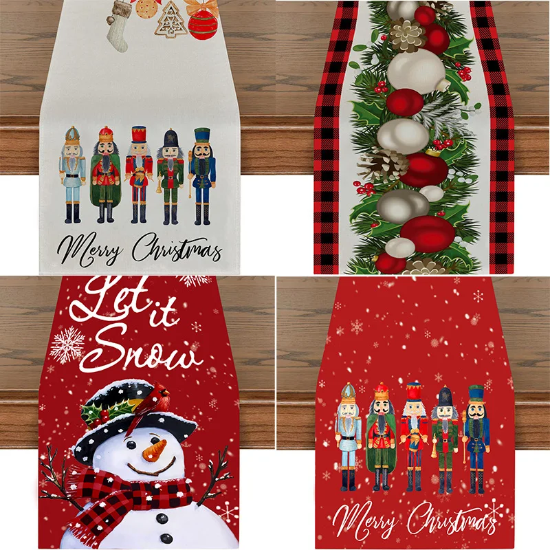 

Christmas Linen Table Runner Snowman Xmas Soldiers Table Cloth Noel Ball Merry Christmas Decor For Home Dinner Table Clover
