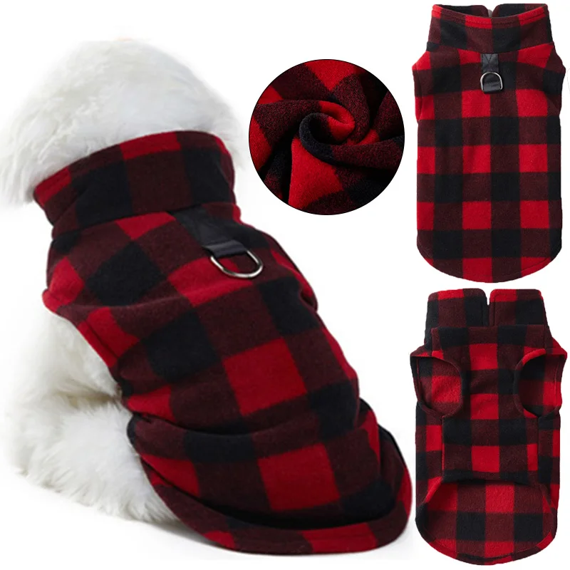 Red Plaid Dog Vest Soft Fleece Clothes for Small Dogs Dog Tshirt With Dog Harness Leash D-Ring Pug Yorks Coat Christmas Clothes