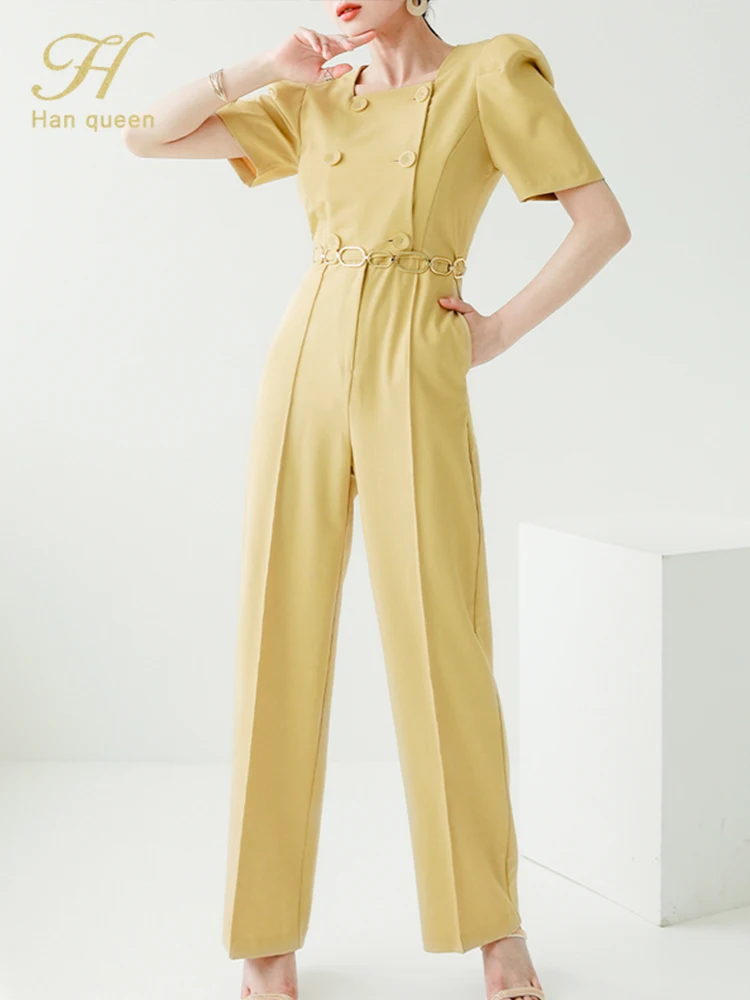 

Женский Длинный комбинезон H Han Queen, повседневный простой двубортный комбинезон в Корейском стиле, одежда для работы, лето 2022