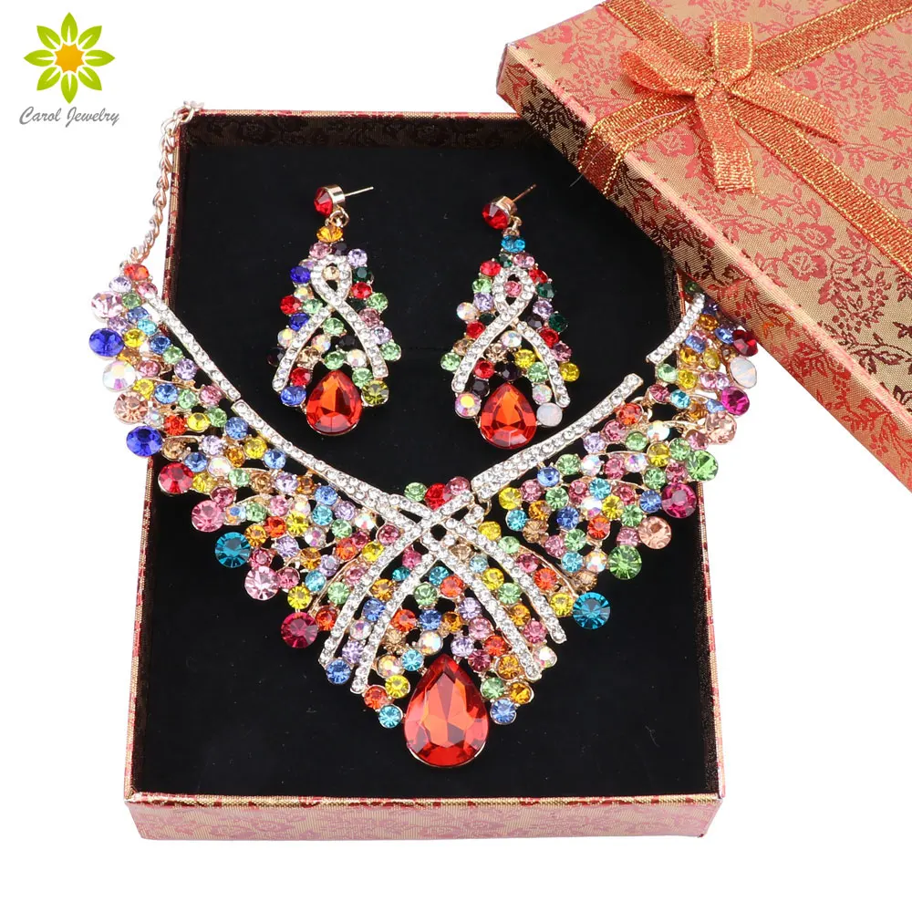 Luxury Full Rhinestones Crystal Necklace and Earrings Statement African Bridal Jewelry Sets with Gift Boxes | Украшения и