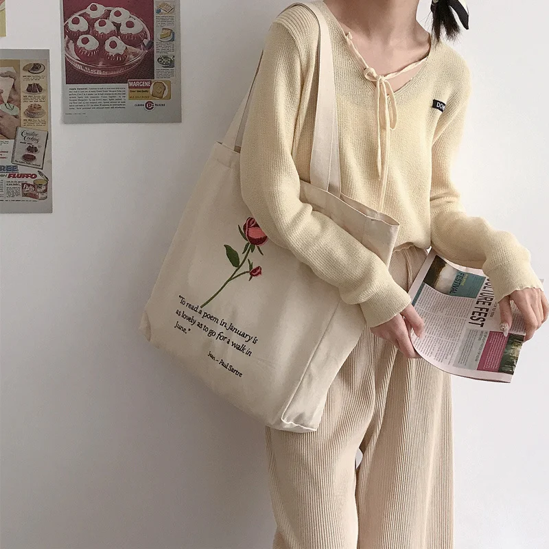 

Women Canvas Shoulder Bag Jean-Paul Sartre Rose Embroidery Shopping Bag Cotton Cloth Handbag Tote Books Bags For College Girls