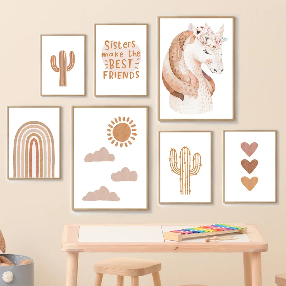 

Boho Clouds Rainbow Sun Heart Cactus Unicorn Nursery Nordic Poster Wall Art Print Canvas Painting Wall Pictures Baby Room Decor