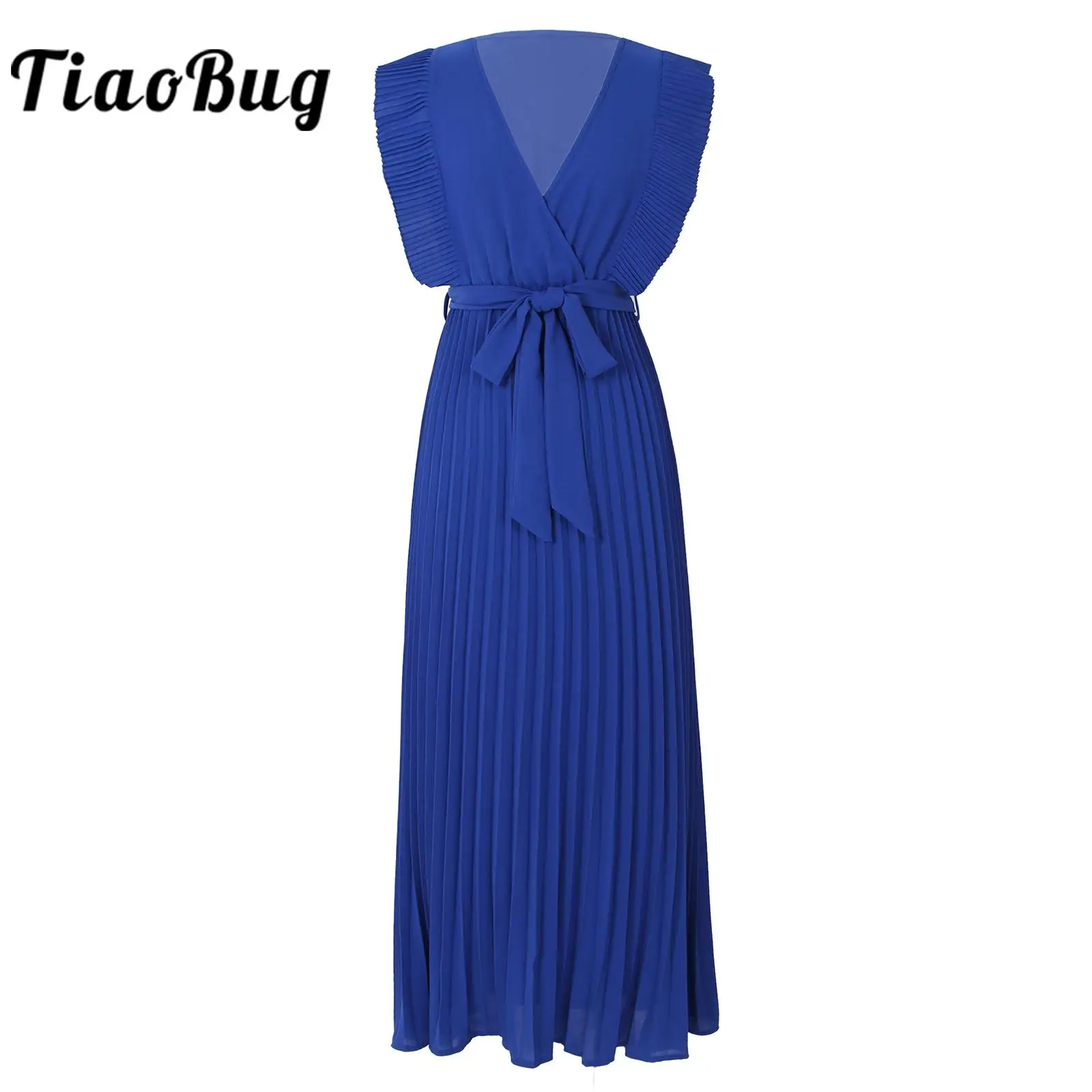 

Vintage Evening Dress Women's Dress V Neck Sleeveless Pleated Maxi Prom Gown Vestido De Fiesta Bridesmaid Wedding Guest Dress