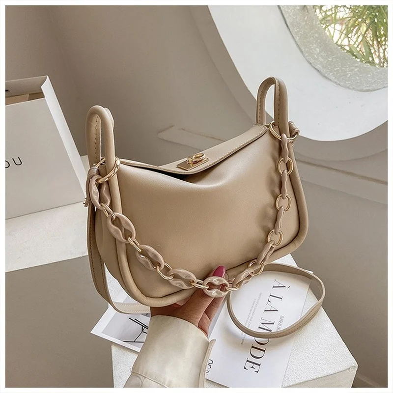 

Small Ruched Cloud Crossbody Bag For Women Chain Handle Armpit Bags Female Solid Colour PU Leather Shoulder Handbags Women Brand